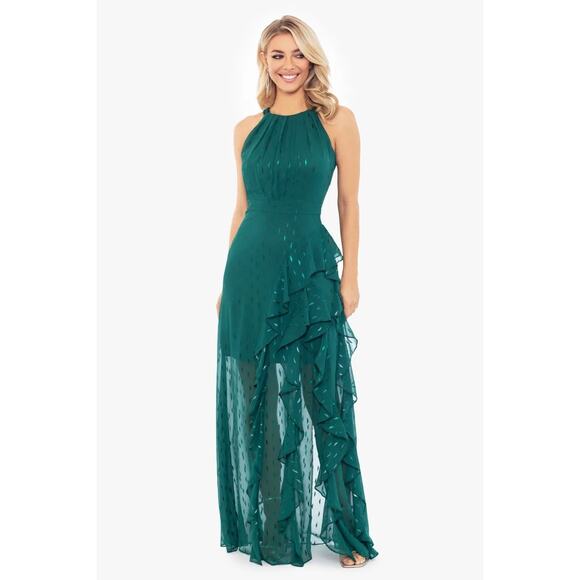 Betsy & Adam Clip-Dot Tiered Ruffled formal Gown in Green size 14 NWT Elegant - Picture 12 of 13